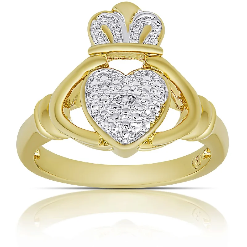 Women’s solitaire diamond ring-Finesque Gold Overlay Diamond Accent Claddagh Design Ring (I-J, I2-I3) (Size 7)