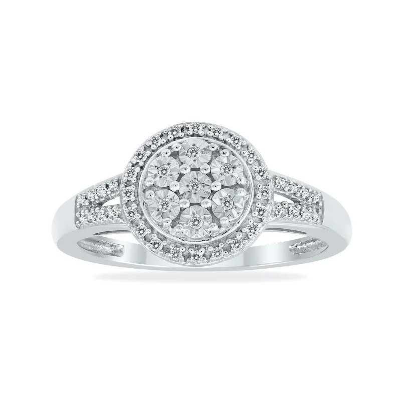 Women’s silver band ring-1/10 Carat TW Diamond Halo Ring in .925 Sterling Silver