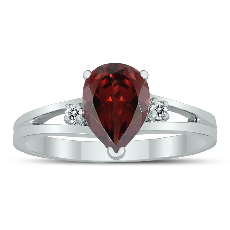 Women’s unique ring-8X6MM Garnet and Diamond Pear Shaped Open Three Stone Ring in 10K White Gold