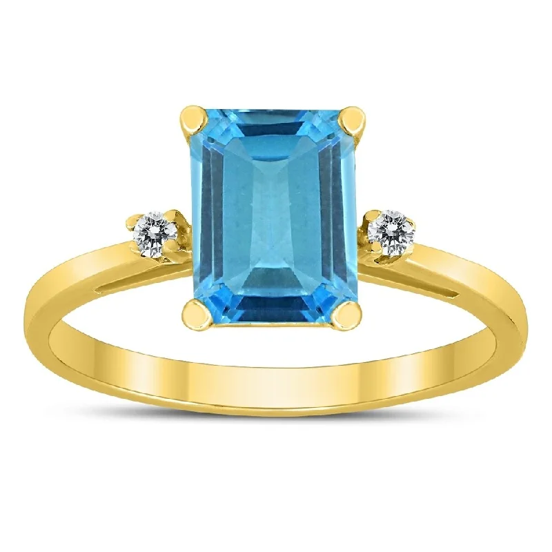 Women’s handmade ring-Emerald Cut 8X6MM Blue Topaz and Diamond Three Stone Ring in 10K Yellow Gold