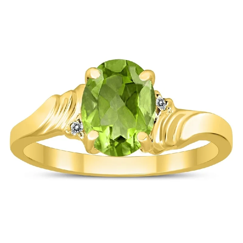 Women’s art deco ring-8X6MM Peridot and Diamond Wave Ring in 10K Yellow Gold