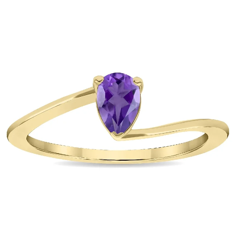 Women’s promise ring-Women's Solitaire Pear Shaped Amethyst Wave Ring in 10K Yellow Gold