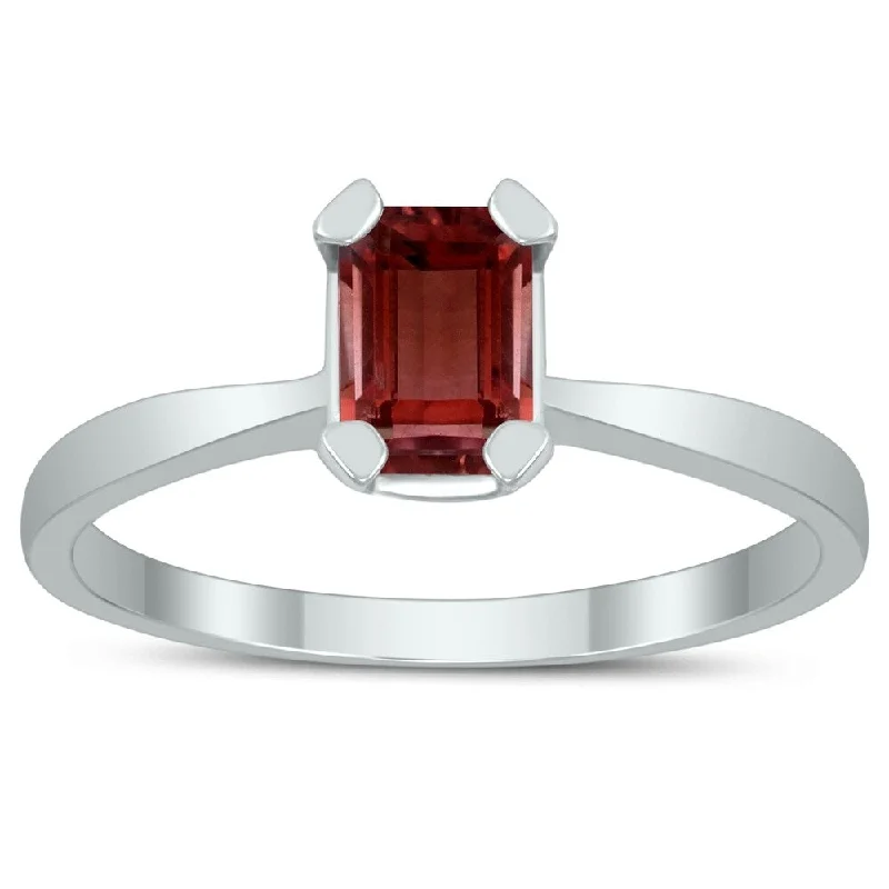 Women’s wedding set ring-Emerald Shaped 6X4MM Garnet Solitaire Ring in 10K White Gold