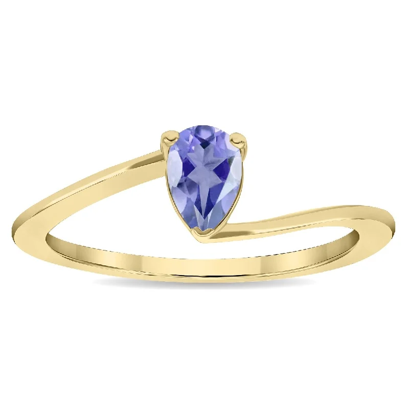 Women’s signet ring-Women's Solitaire Pear Shaped Tanzanite Wave Ring in 10K Yellow Gold