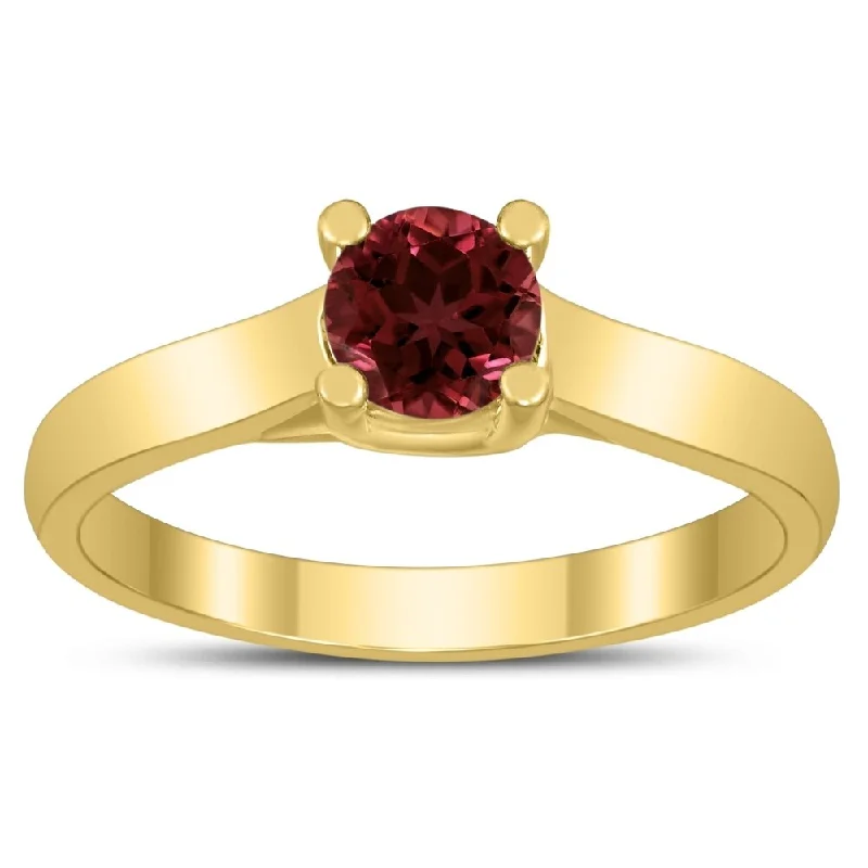 Women’s two-tone ring-Round 5MM Garnet Cathedral Solitaire Ring in 10K Yellow Gold