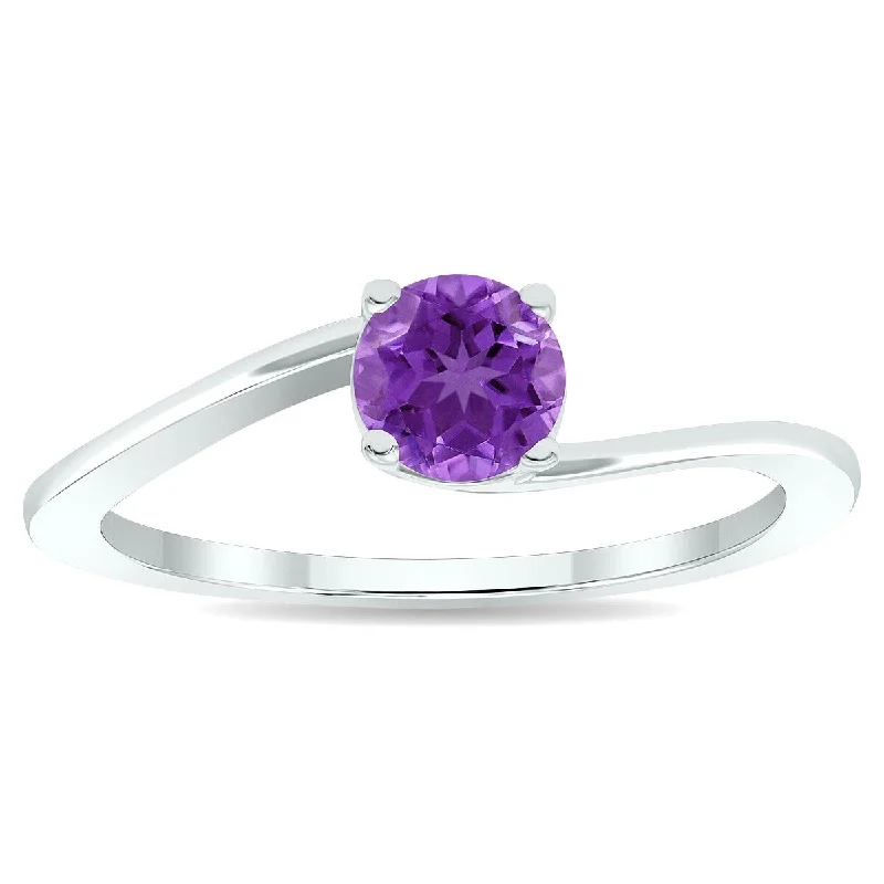 Women’s vintage diamond ring-Women's Solitaire Amethyst Wave Ring in 10K White Gold