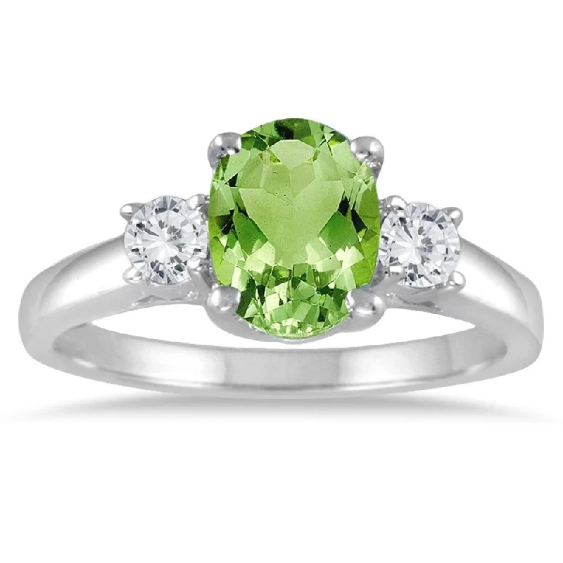 Women’s precious gemstone ring-1 3/4 Carat Peridot and Diamond Three Stone Ring 14K White Gold