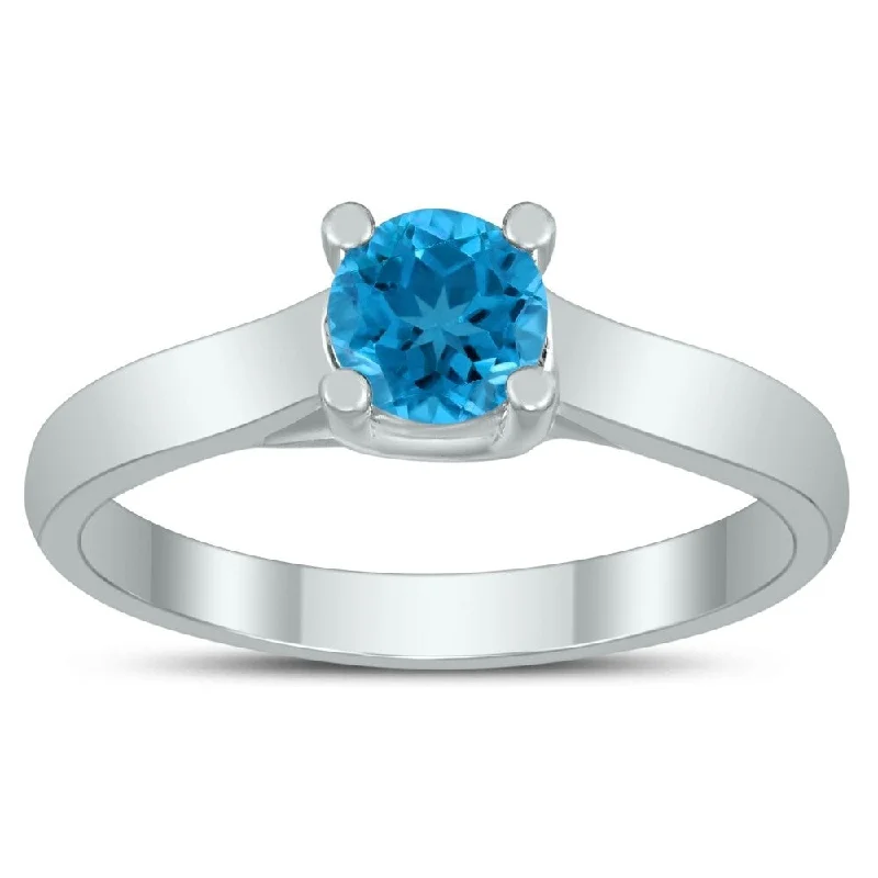 Women’s luxurious gold ring-Round 5MM Blue Topaz Cathedral Solitaire Ring in 10K White Gold