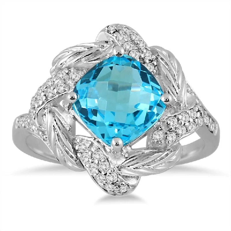 Women’s gemstone wedding ring-2.65 Carat Cushion Cut Blue Topaz and Genuine Diamond Ring in 10K White Gold