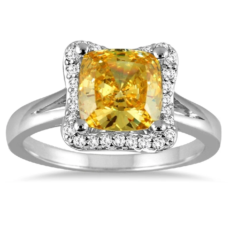 Women’s oval gemstone ring-2 Carat Cushion Cut Citrine and Diamond Ring in 14K White Gold