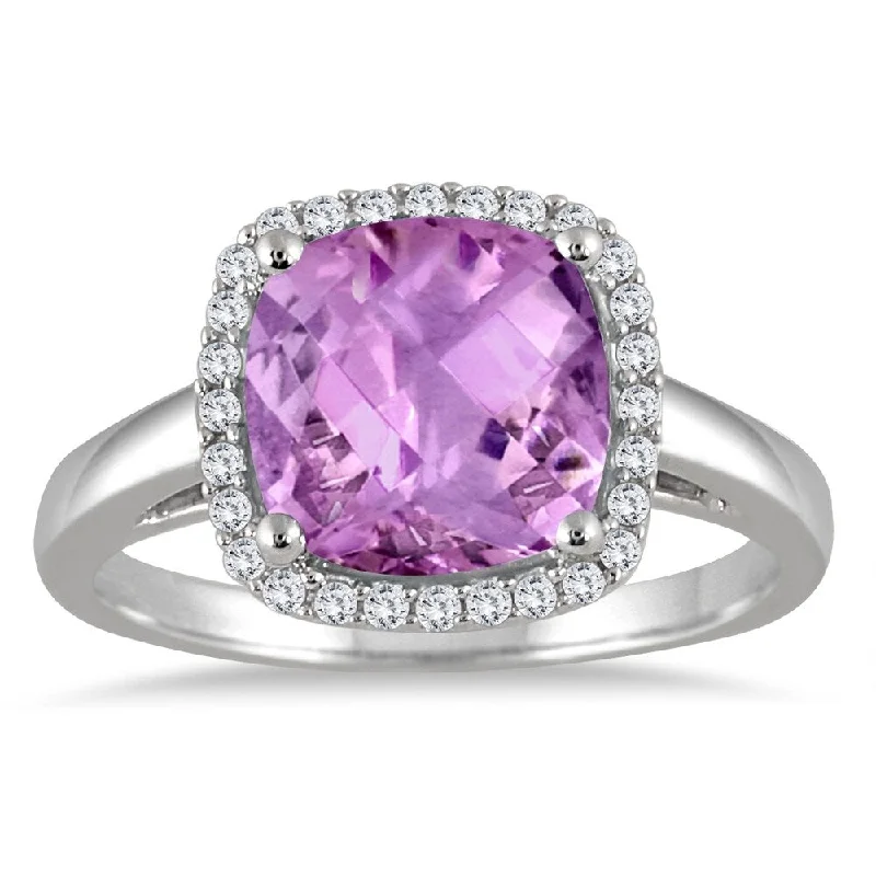 Women’s oval gemstone ring-2.80 Carat Cushion Cut Amethyst and Diamond Halo Ring in 10K White Gold