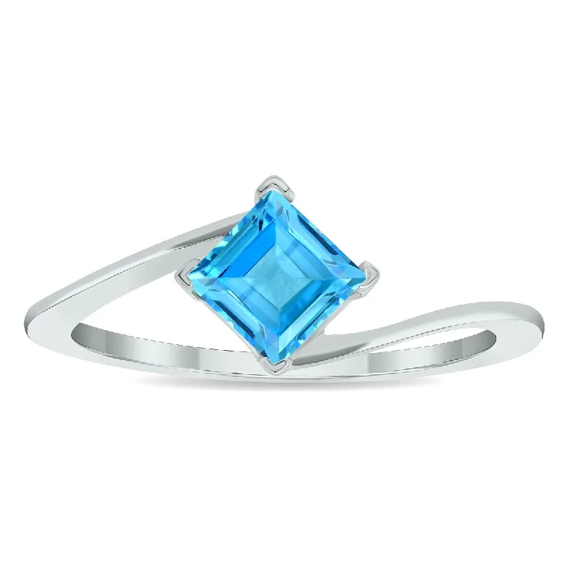 Women’s fashion ring-Women's Solitaire Blue Topaz Wave Ring in 10K White Gold