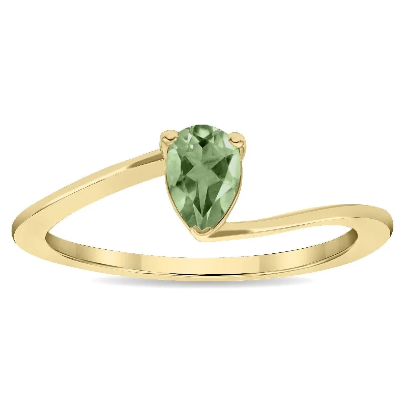 Women’s engraved ring-Women's Solitaire Pear Shaped Green Amethyst Wave Ring in 10K Yellow Gold