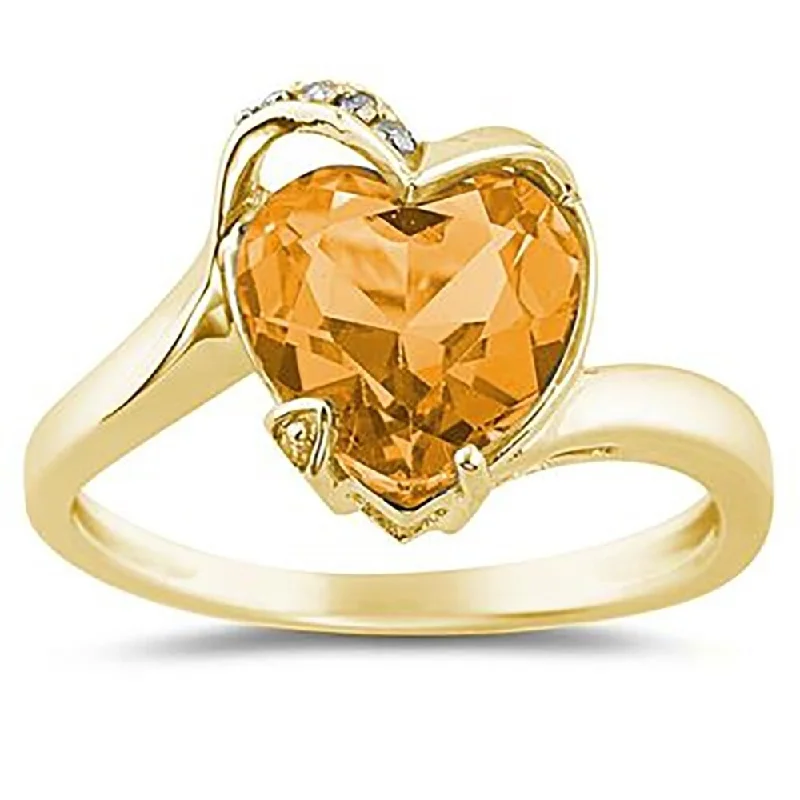 Women’s classic wedding ring-Heart Shaped Citrine and Diamond Curve Ring in 14K Yellow Gold