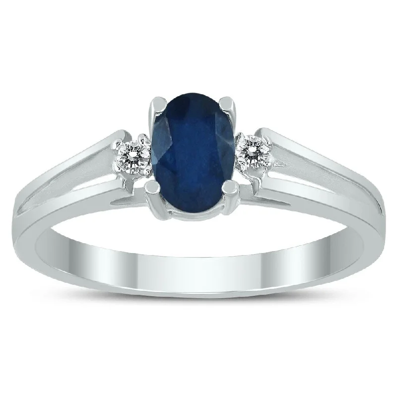 Women’s luxurious gold ring-6X4MM Sapphire and Diamond Open Three Stone Ring in 10K White Gold