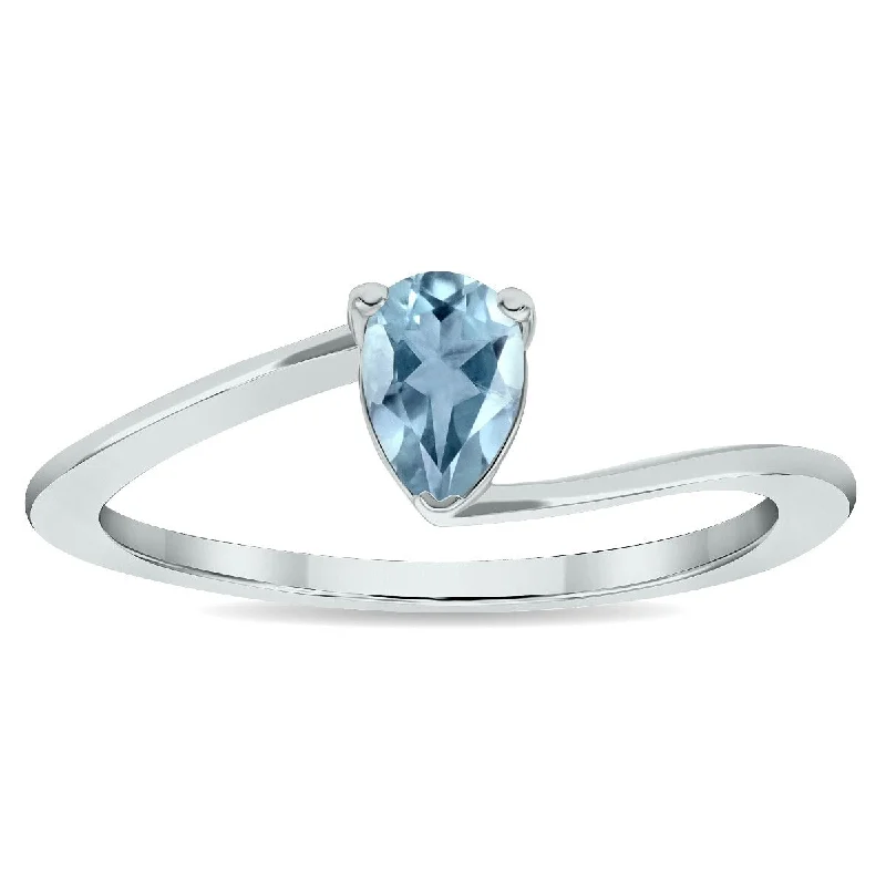 Women’s unique ring-Women's Solitaire Aquamarine Wave Ring in 10K White Gold