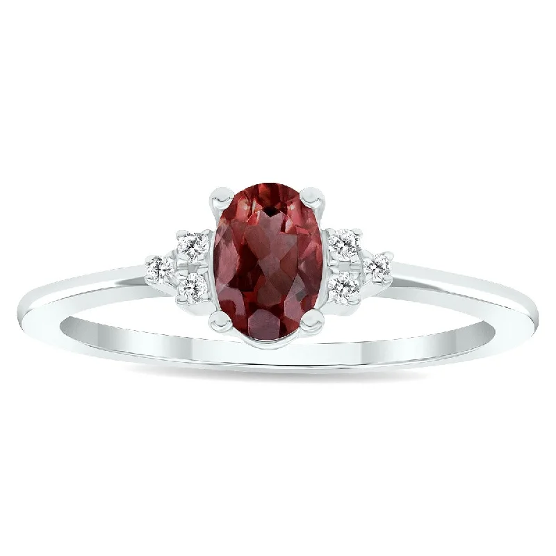 Women’s white gold ring-Women's Garnet and Diamond Half Moon Ring in 10K White Gold