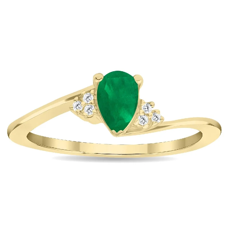 Women’s oval ring-Women's Pear Shaped Emerald and Diamond Tierra Ring in 10K Yellow Gold