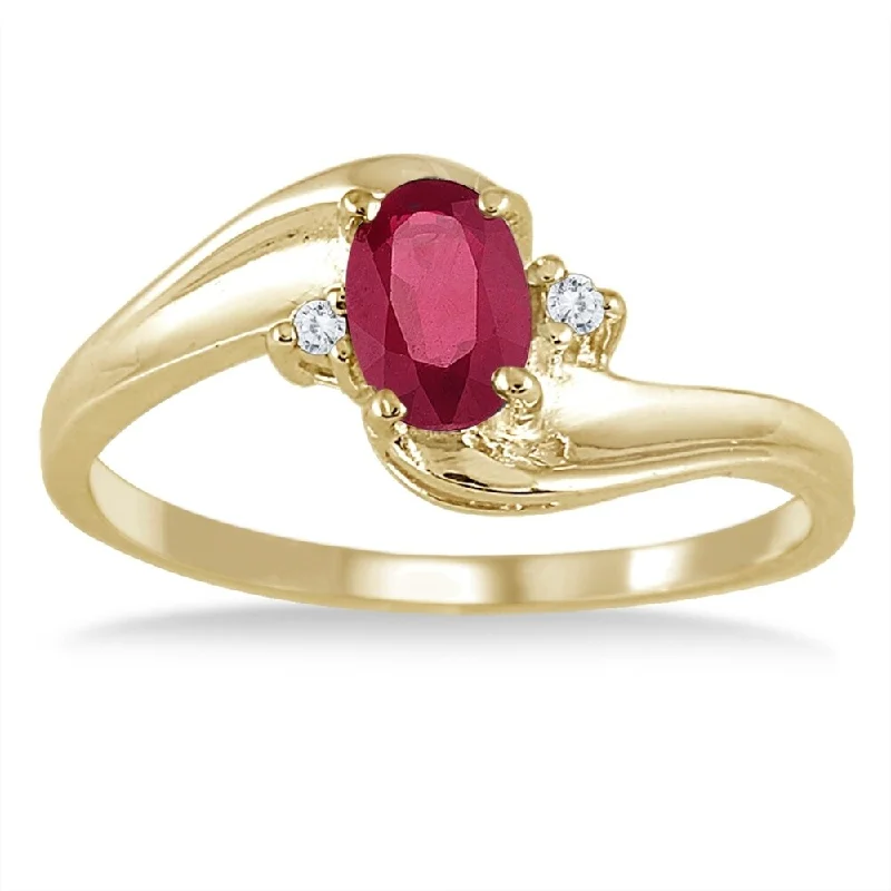 Women’s precious gemstone ring-Ruby Gemstone and Diamond Wave Ring 14k Yellow Gold