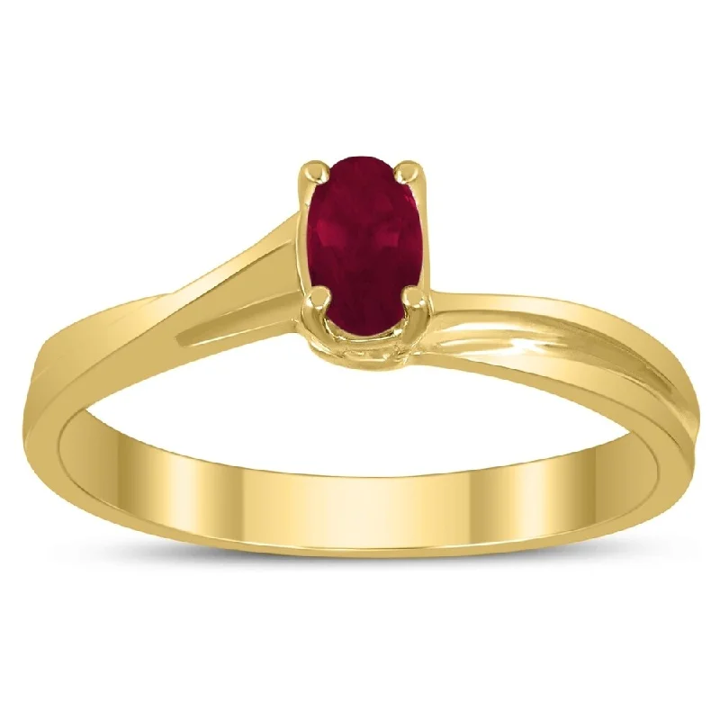 Women’s ruby engagement ring-Solitaire Oval 5X3MM Ruby Gemstone Twist Ring in 10K Yellow Gold