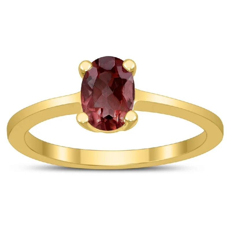 Women’s geometric ring-Oval Solitaire 7X5MM Garnet Ring in 10K Yellow Gold