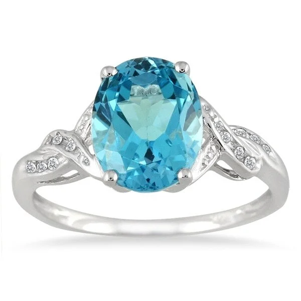 Women’s luxury wedding ring-2.30 Carat Oval Blue Topaz and Diamond Ring in 10K White Gold