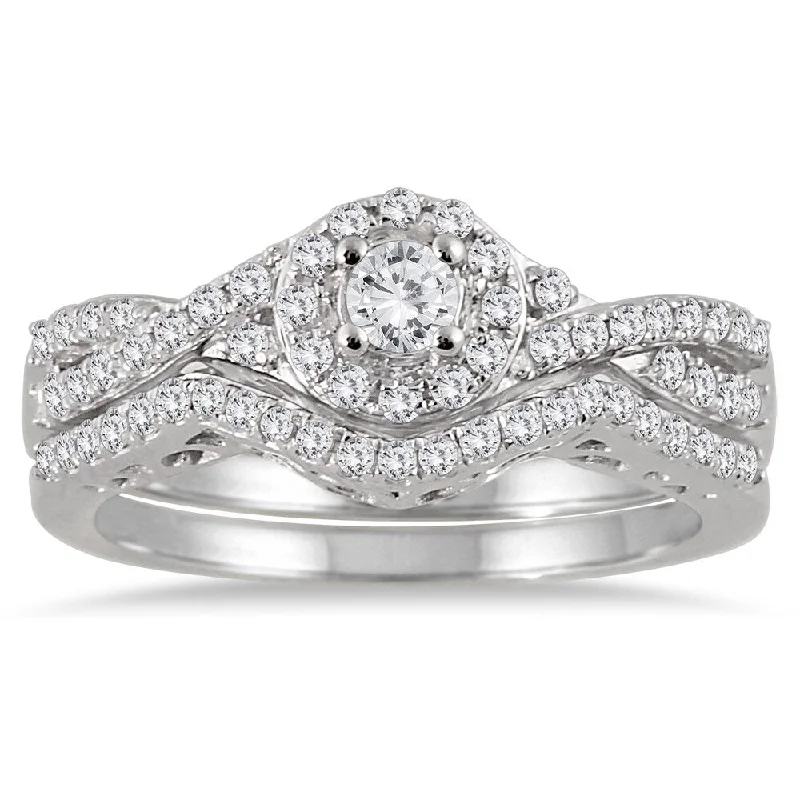 Women’s silver band ring-10k White Gold 3/4ct TDW Split-shank Diamond Bridal Ring Set