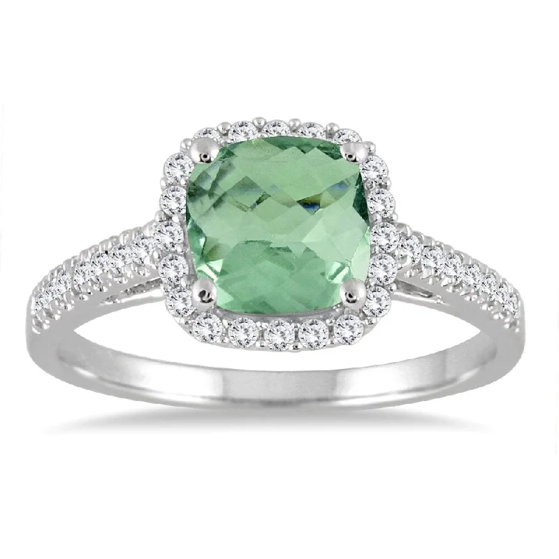 Women’s solitaire ring-5MM Cushion Cut Green Amethyst and Diamond Halo Ring in 10K White Gold