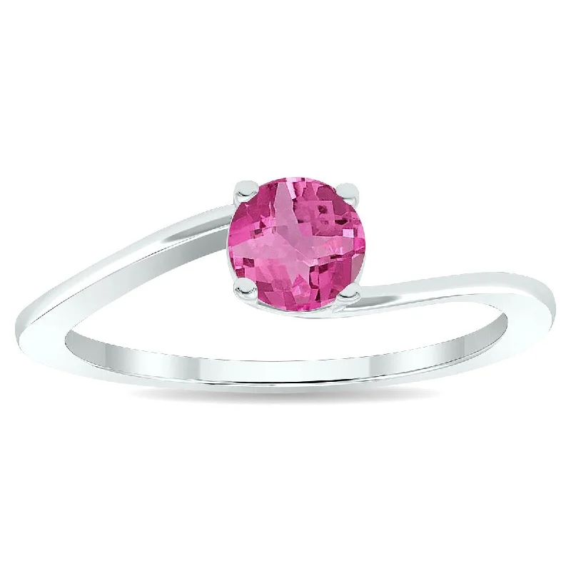 Women’s gold wedding ring-Women's Solitaire Pink Topaz Wave Ring in 10K White Gold