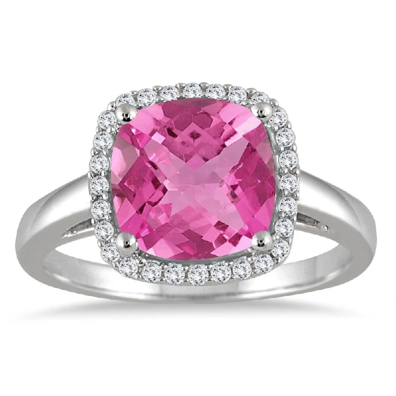 Women’s solitaire diamond ring-3 1/2 Carat Cushion Cut Pink Topaz and Diamond Halo Ring in 10K White Gold