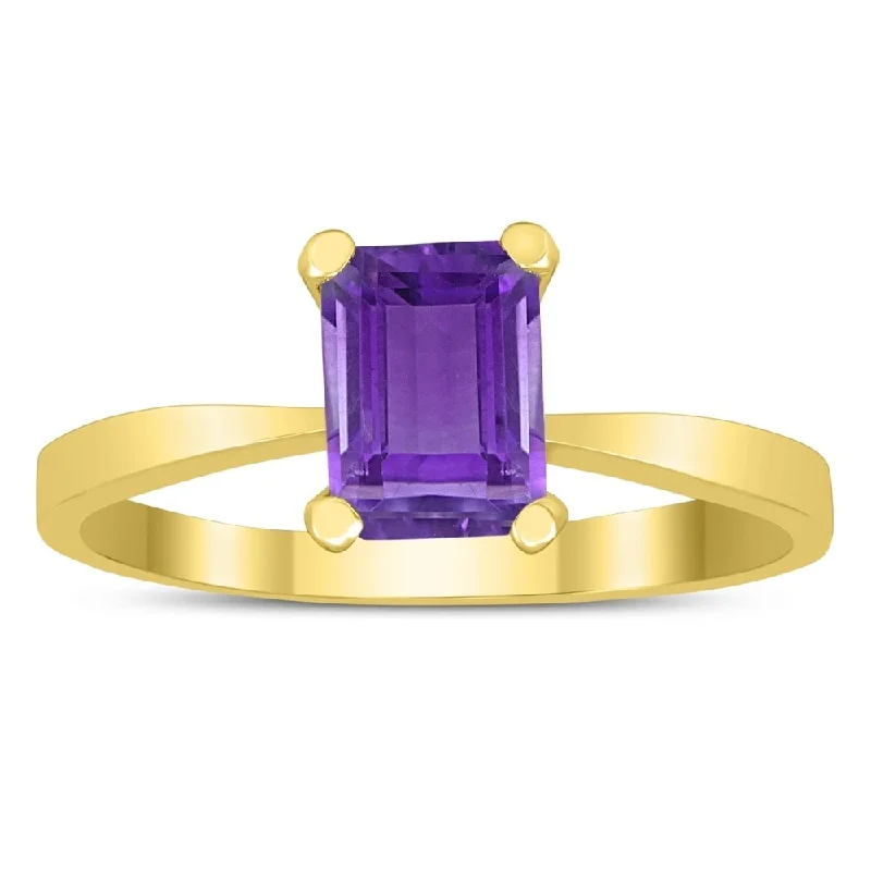 Women’s engraved ring-Emerald Shaped 7X5MM Amethyst Solitaire Ring in 10K Yellow Gold