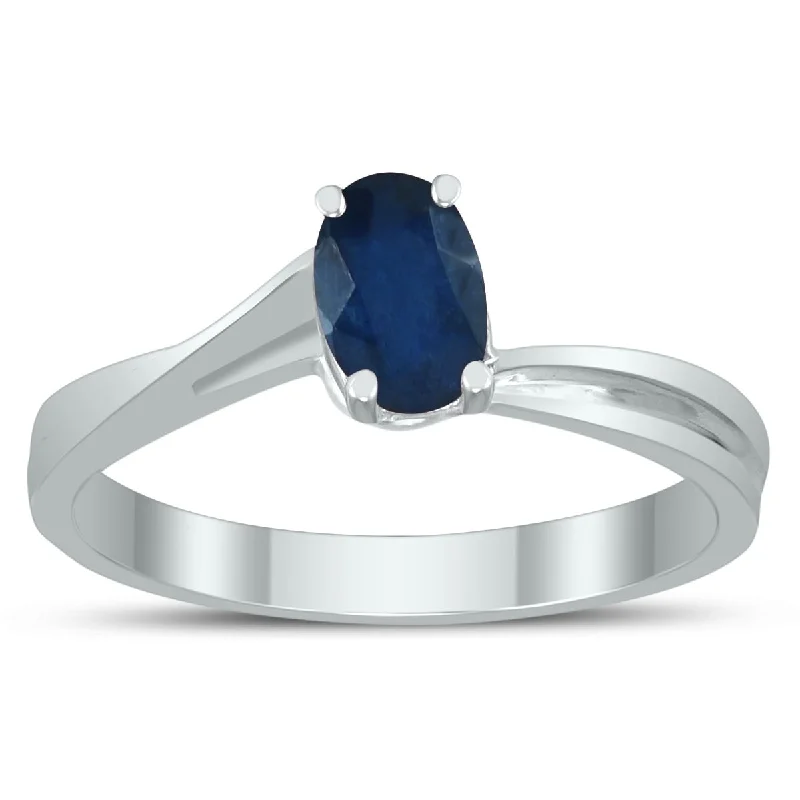 Women’s modern diamond ring-Solitaire Oval 6X4MM Sapphire Gemstone Twist Ring in 10K White Gold