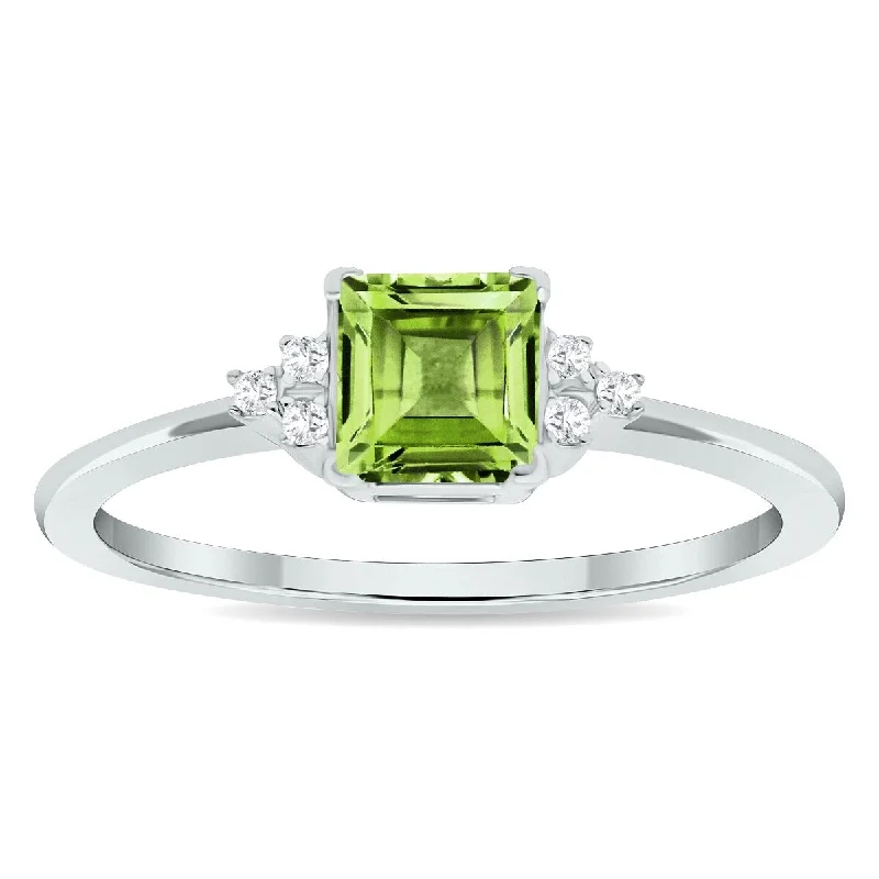 Women’s celestial ring-Women's Princess Cut Peridot and Diamond Half Moon Ring in 10K White Gold