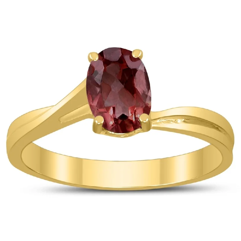 Women’s emerald-cut ring-Solitaire Oval 7X5MM Garnet Gemstone Twist Ring in 10K Yellow Gold