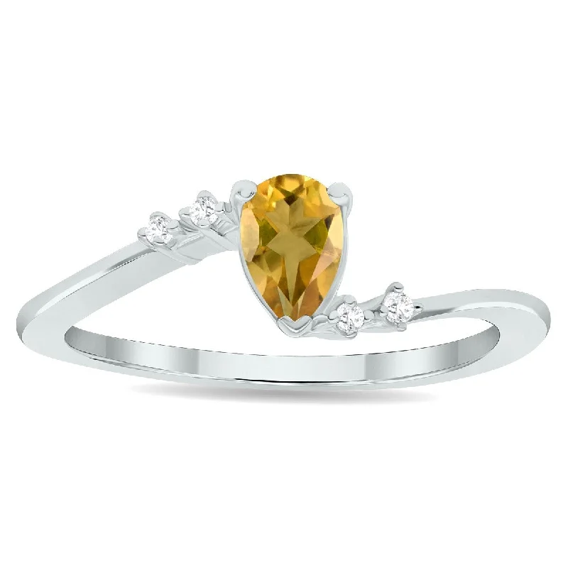 Women’s sapphire and diamond ring-Women's Citrine and Diamond Wave Ring in 10K White Gold