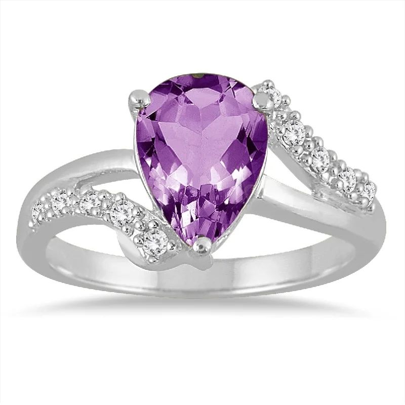 Women’s engagement ring-2 Carat Pear Shape Amethyst and Diamond Ring in 10K White Gold