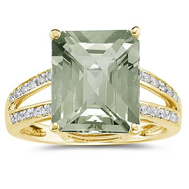 Women’s wedding ring-Emerald Cut Green Amethyst and Diamond Ring 10k Yellow Gold