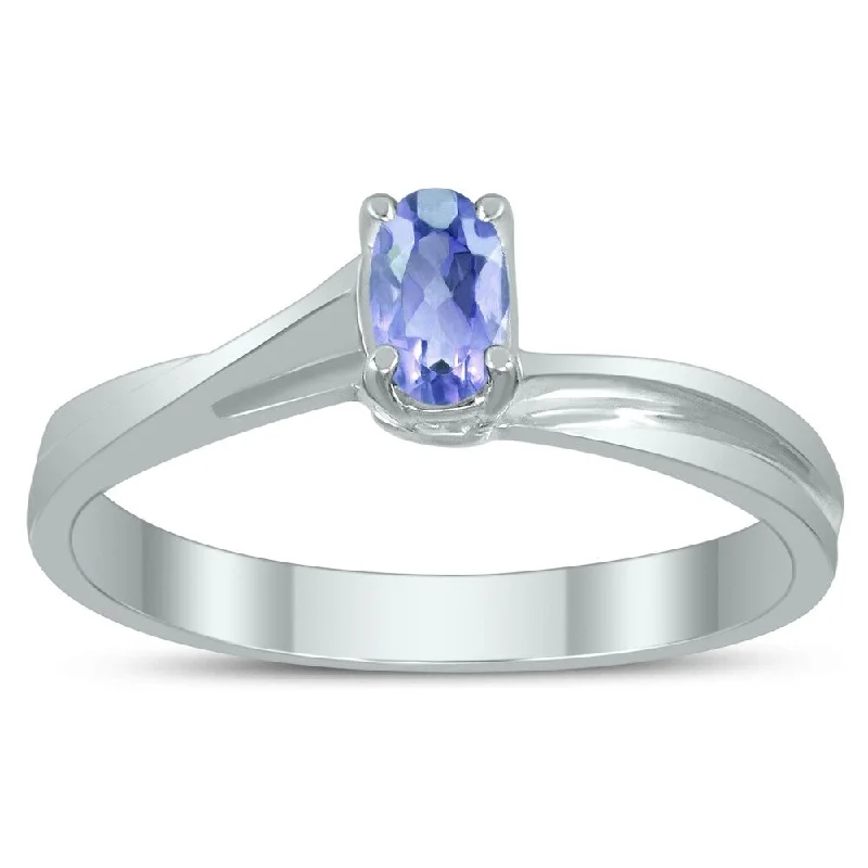 Women’s silver ring-Solitaire Oval 5X3MM Tanzanite Gemstone Twist Ring in 10K White Gold