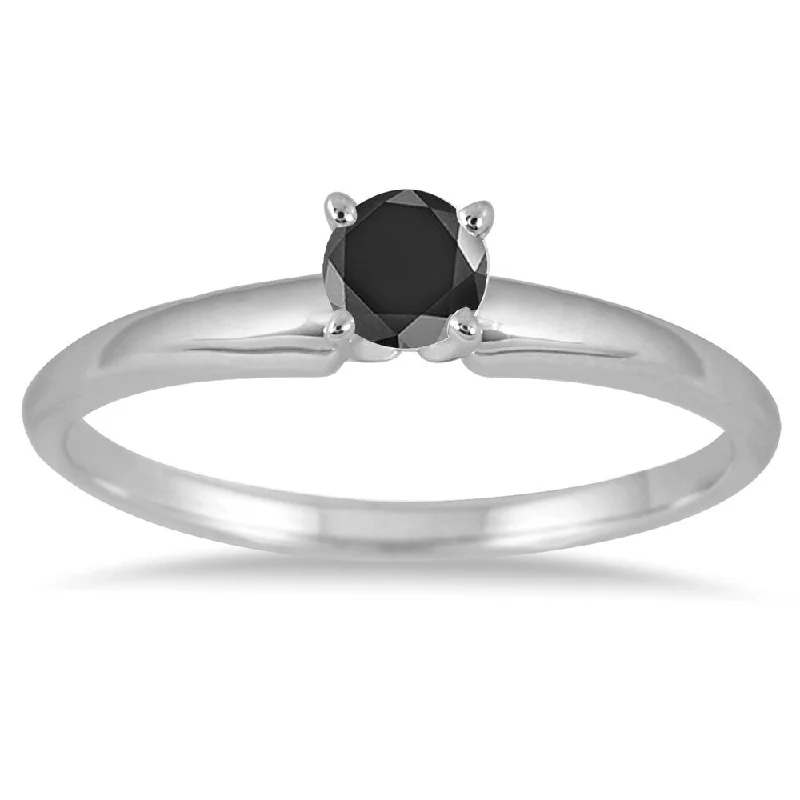 Women’s silver gemstone ring-1/4 Carat Round Black Diamond Solitaire Ring in 14k White Gold