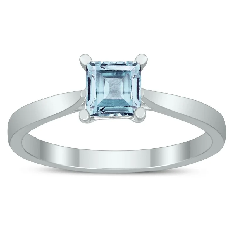 Women’s silver gemstone ring-Square Princess Cut 5MM Aquamarine Solitaire Ring in 10K White Gold